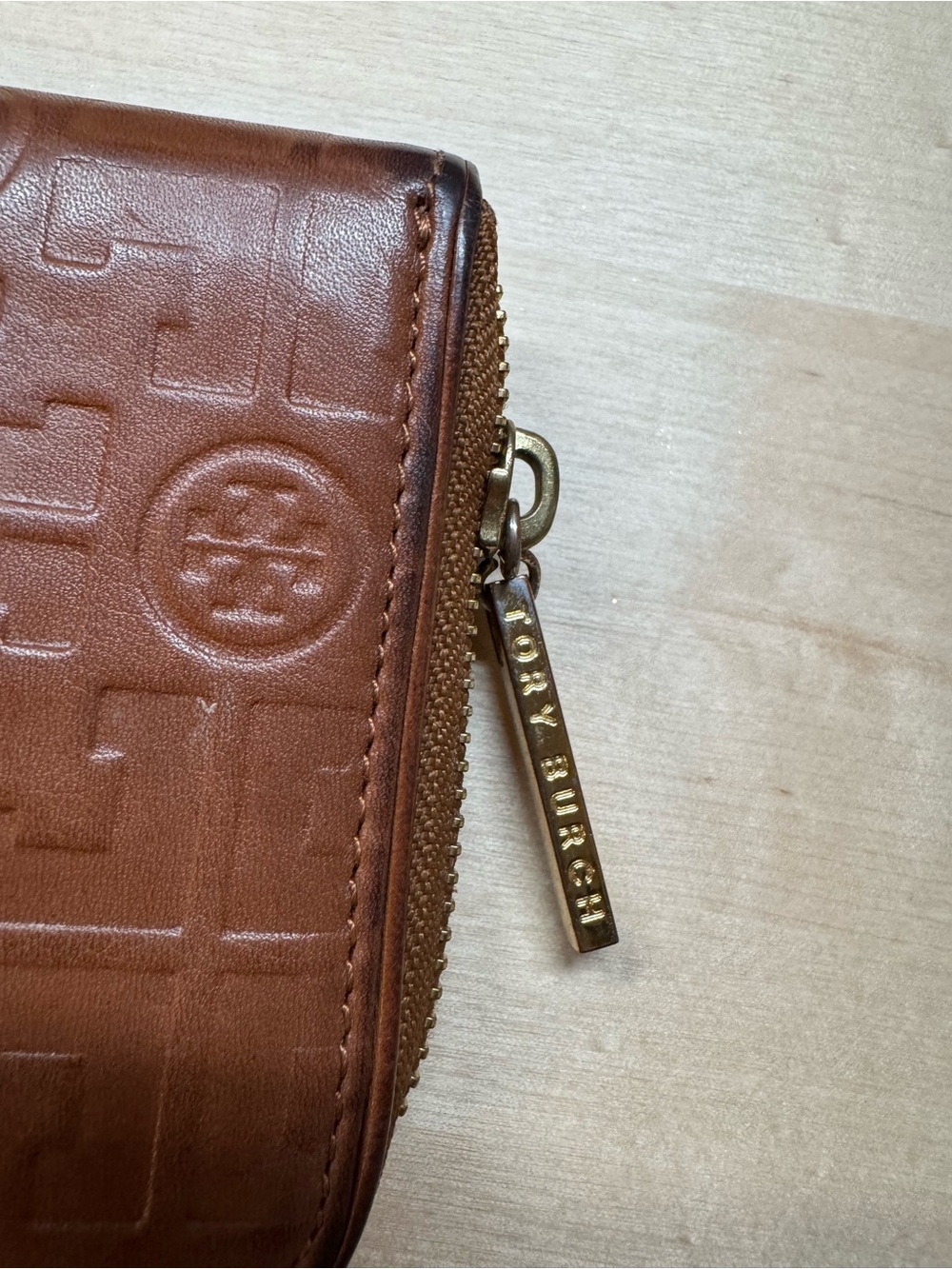 Tory Burch Embossed Logo Zip Wallet in Brown with Gold Hardware - Picture 14 of 14
